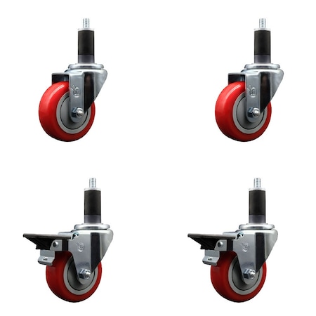 Service Caster 3.5'' Red Poly Wheel Swivel 1-1/4'' Expanding Stem Caster Set 2 Brakes, 4PK SCC-EX20S3514-PPUB-RED-2-PLB-2-114